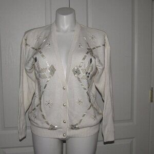 VICTORIA JONES Button Front Long Sleeve V-Neck Ramie Cotton White Sweater Size L